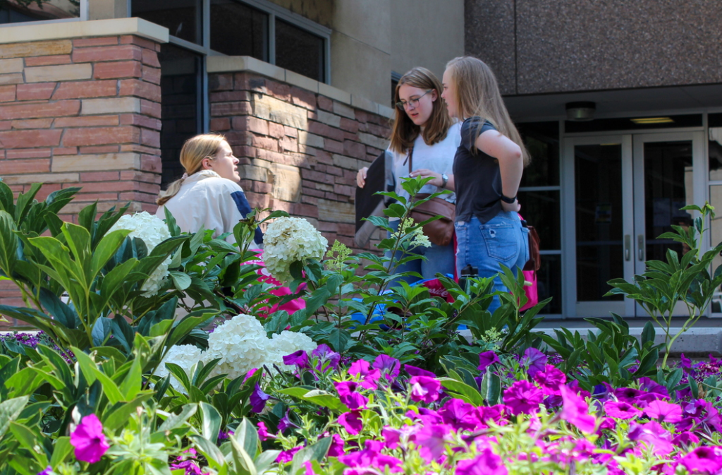 Photo of students on campus in Spring.