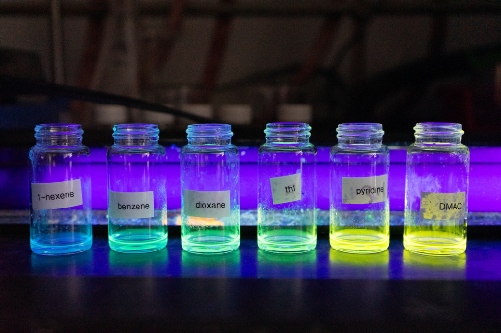 Photo of vials containing luminous substance.